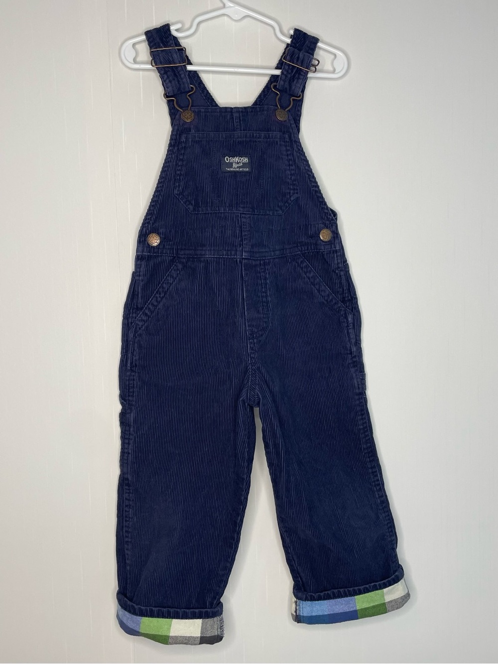 OshKosh B'gosh Classic Dark Blue Corduroy Kids Overalls with Cuffed Plaid Hem 3T